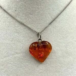 Vintage Baltic Amber Puffy Heart Pendant 925 Chain Estate Find Amber Inclusions